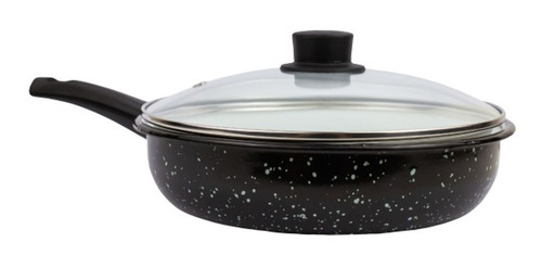 Frigideira Funda Esmaltada Tampa De Vidro 22cm Antiaderente Cor Preto/branco