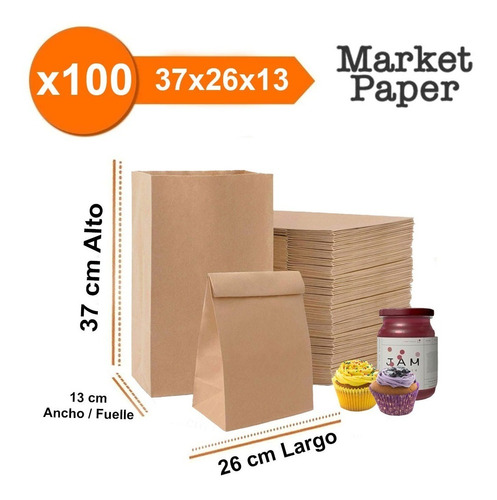 Bolsa Delivery Papel Kraf  26x36x13 Cm. Ecologicas X 100 U.