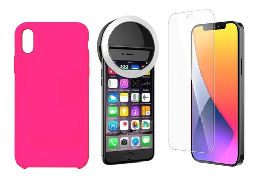 Imagen 1 de 2 de Carcasa Silicona + Aro Luz Led + Lamina Para iPhone XR