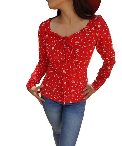 Blusa Juvenil Estampado Floral Manga Larga Casual Campesina 