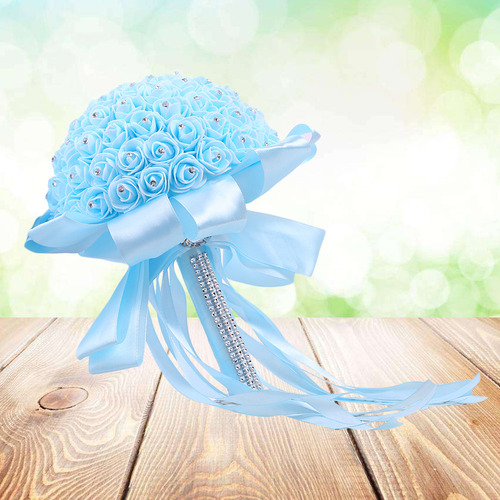Ramo De Boda De Rosas Artificiales Azules Con Detalles De Cr