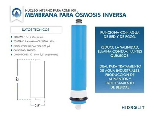 Imagen 2 de 5 de Repuesto Ósmosis Inversa Membrana 100gpd Romi 100