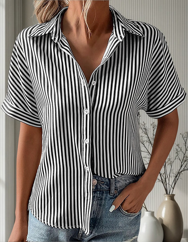 Camiseta De Algodón De Manga Corta A Rayas Con Cuello Vuelto