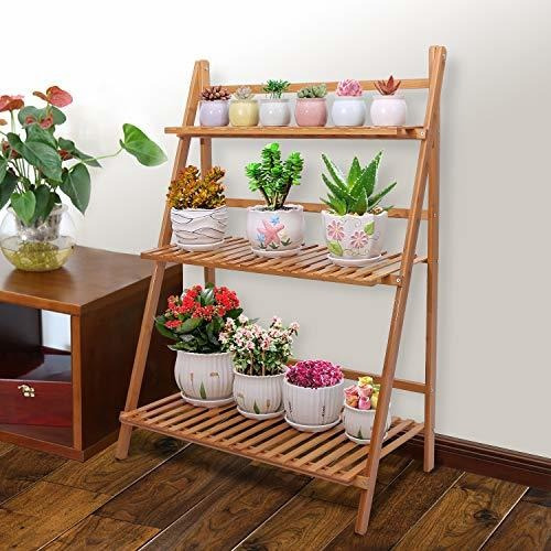 Imagen 2 de 6 de Ufine Bambú Escalera Planta Soporte Plegable De 3 Gradas Tie