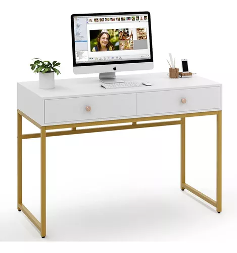 Escritorio blanco con 2 cajones, escritorio dorado y blanco, escritorio de  oficina en casa, mesa de tocador moderna de maquillaje, mesa de consola de