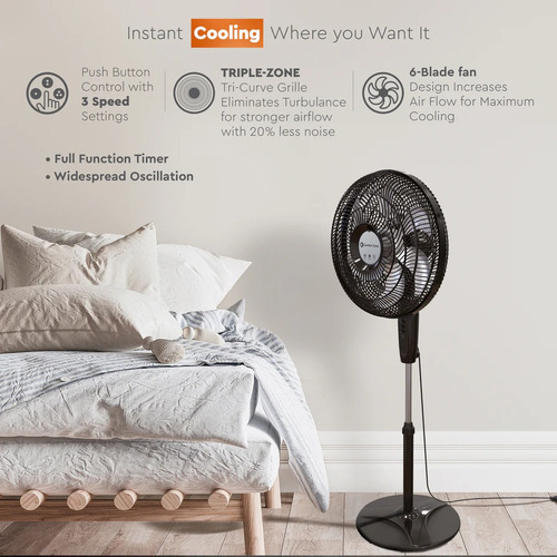 Ventilador De Pedestal Oscilatorio Comfort Zone Czst180bs-eu Cantidad De Aspas 6 Color De La Estructura Negro Color De Las Aspas Gris Diámetro 18 Material De Las Aspas Plástico