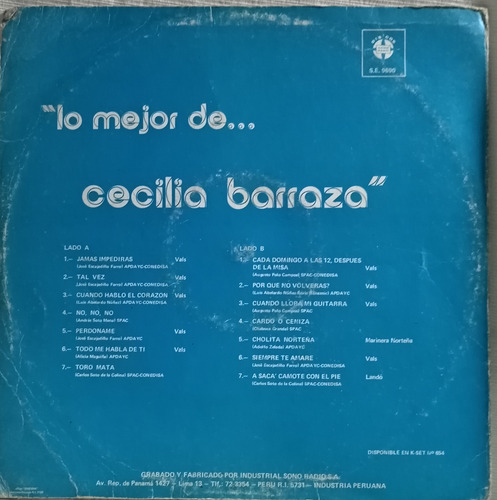 Jch- Cecilia Barraza Lo Mejor De... Criollo Lp (Usado)