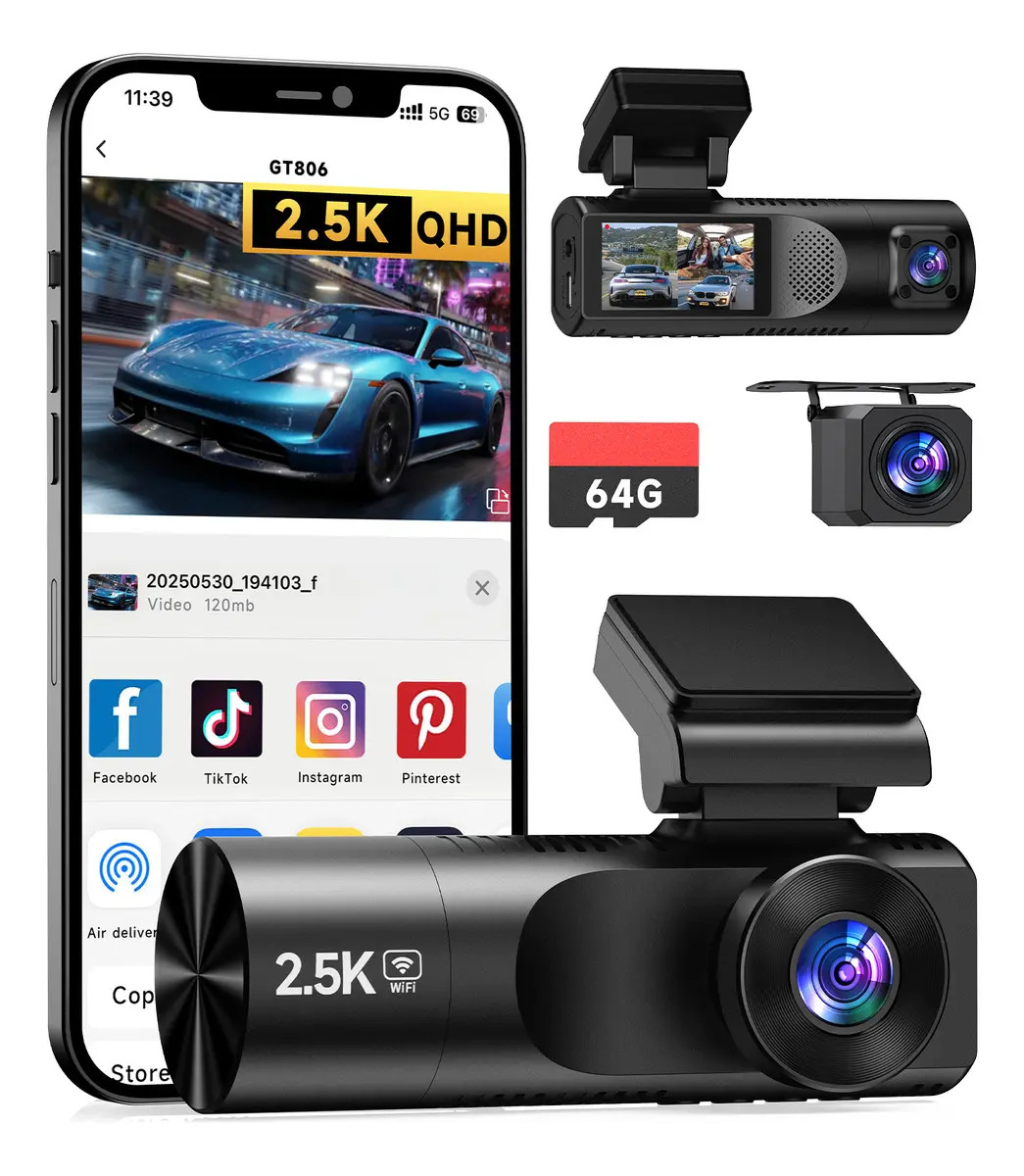 Câmera Veicular OLAFVI GT806 2.5K com Wi-Fi, Visão Noturna e Cartão SD de 64 GB