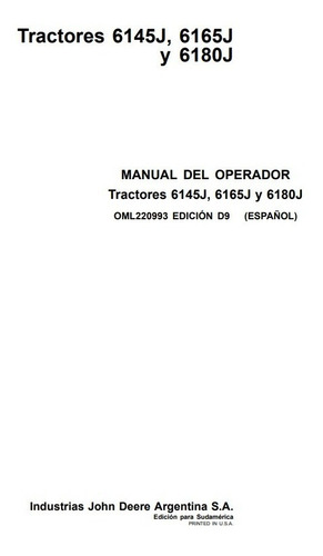 Manual De Operador Tractores John Deere 6145j, 6165j Y 6180j