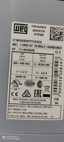 Inversor Frequência Cfw500 2cv 4,3a 380v/440v 11895107 Weg (Usado)