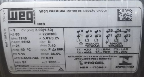 Motor 2 Cv 2cv 4 Pólos 220/380v Weg Com Polia Brinde
