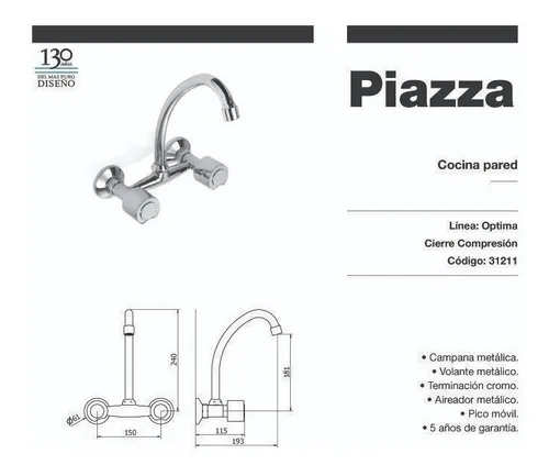 Grifer a Cocina Lavatorio Pared Exterior Piazza Optima 31211