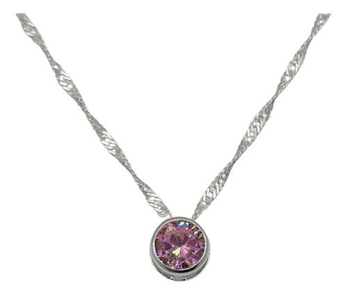 Collar Punto Luz Grande Circón Rosado  Plata Ley 925 + Caja