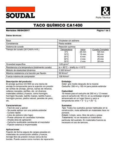 Resina De Anclaje Soudal Taco Químico 300ml + 4 Tamices