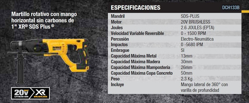 Imagen 3 de 8 de Rotomartillo electroneumático DeWalt BareTools DCH133B inalámbrico amarillo y negro con 20W de potencia 20V