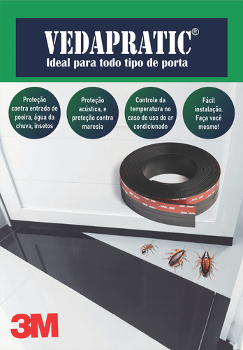 Veda Porta e Portão 2,5 Cm Altura com Borracha Preta e Adesivo 3M do Brasil 2,4 Metros