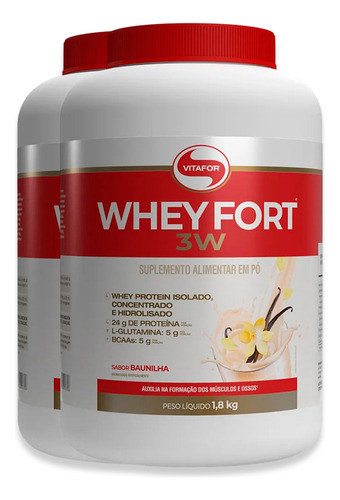 Kit 2 Whey Fort 3w Vitafor Baunilha 1800g
