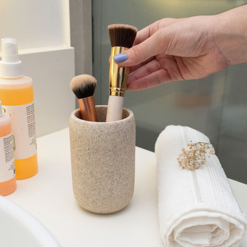 Kit Lavabo Banheiro Porta Objetos + Suporte Escova De Dentes Bege