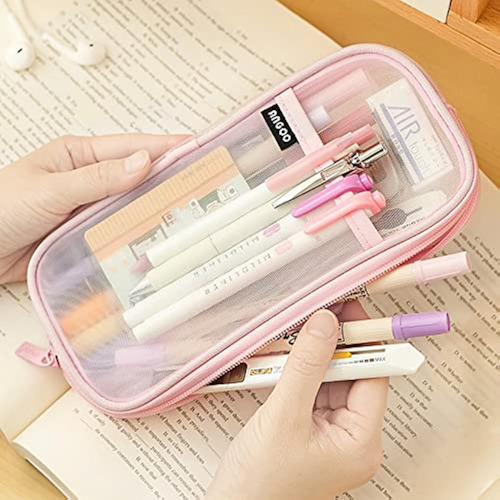 Lapicera Estuche Para Lapices De Malla Con Cremallera Transp Pink Pen Pencil Case