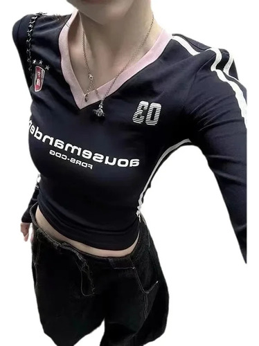 Camiseta Deportiva De Manga Larga Con Cuello En V Para Mujer