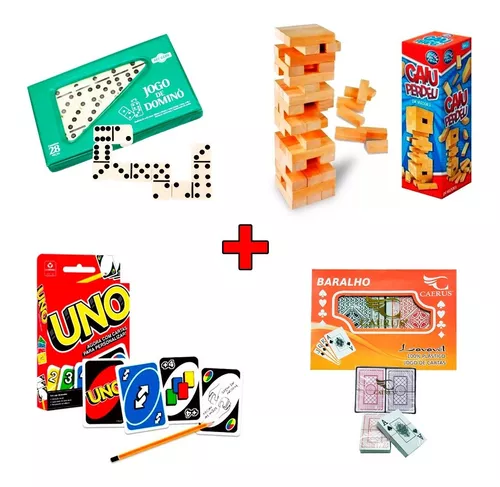 Kit 3 Jogos De Mesa Dominó + Uno + 2 Baralhos Cartas Truco