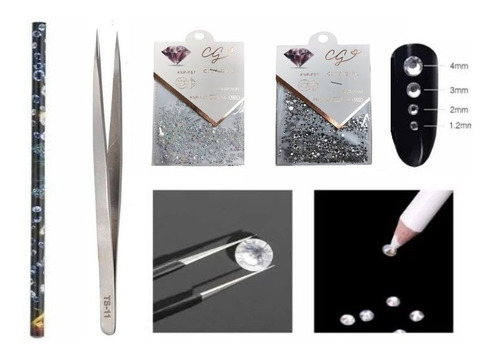 Kit X3 Strass Decoración Uñas + Lápiz Y Pinza Para Levantar