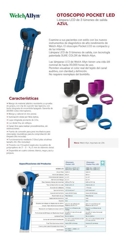 Imagen 8 de 10 de Otoscopio Led Welch Allyn 2.5v Fibra Optica Pocket Led Azul