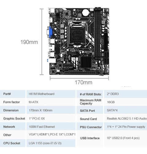 Placa Mãe Intel H61m Lga 1155 Ddr3 I3 I5 I7 Hdmi Ate 16 Giga Cor Preto