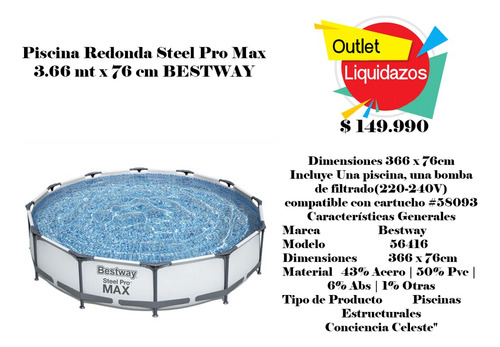 Piscina Redonda Steel Pro Max 3.66 Mt X 76 Cm Bestway