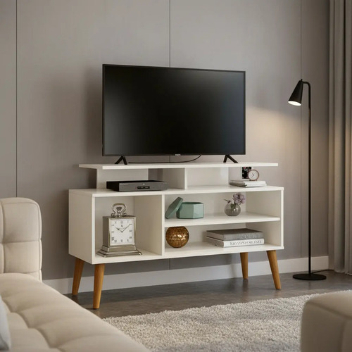 Rack Para Sala De Estar Rack Para Tv C/ Prateleira Flex Cor Off-white