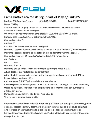 Cama Elástica Con Red De Seguridad Vx Play 2,10 Mts Ps