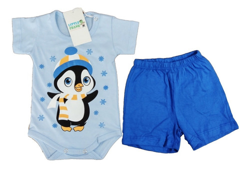 Conjunto Bebe Varon Body Pinguino Celeste Manga Corta Short