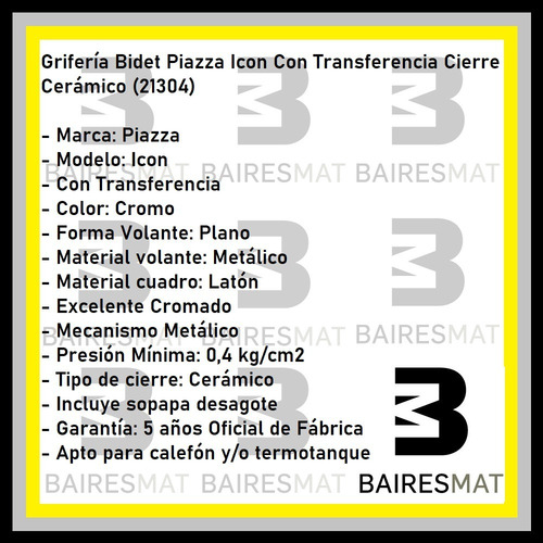 Imagen 4 de 6 de Griferia Baño Bidet Piazza Icon 21304 Cierre Ceramico Cromo