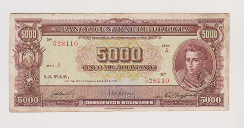 Billete Bolivia 5.000 Bolivianos Año 1945 (145) Bueno +