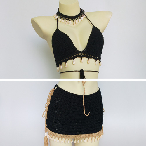 Conjunto De Bikini Pcs Mujer Crochet Shell Borla Bikini Top