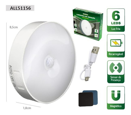 Luminária Led Sensor Presença p/ Armários Recarregável Usb