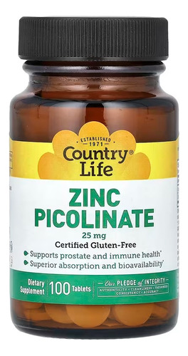 Country Life Picolinato De Zinc 25 Mg 100 Tabletas Sfn