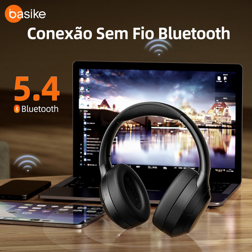 Fone de Ouvido pretosem Fio Bluetooth 5.4 Premium anc Hifi Redução de Ruído Ativo-bateria de 40 Horas de Duração fone de Ouvido Bluetooth Corrida Regulável fone de Ouvido Bluetooth Basike