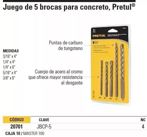 Juego de 5 brocas para concreto, Pretul, Juegos De Brocas, 20701