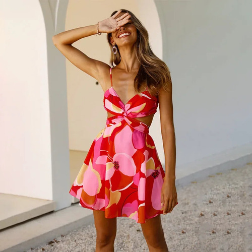 Minivestido Evasé Sin Mangas Con Cuello En V Y Estampado Flo