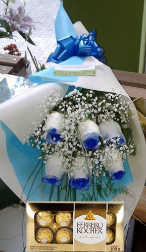 Ramo De 6 Rosas Azules  Bombones Ferrero Rocher Envio Gratis