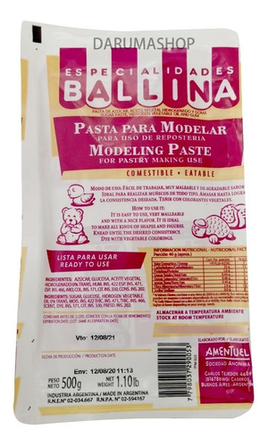 Imagen 1 de 4 de Pasta Para Modelar 500 Grs Ballina Reposteria Belgrano