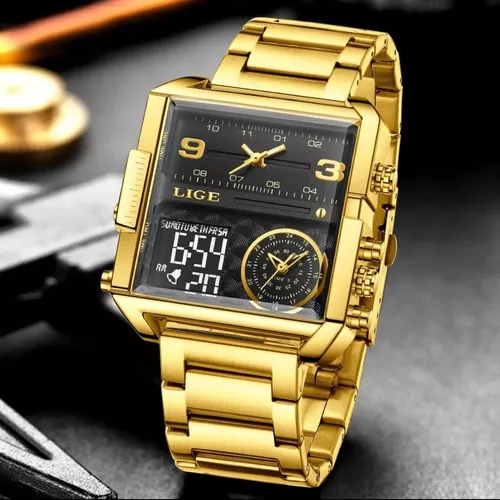 Relógio masculino de quartzo analógico LIGE com pulseira de aço inoxidável  preto e preto