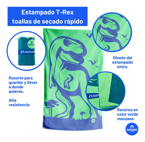 Toalla De Microfibra Secado Rápido Estampada 130x75cm Sunwet Color T-Rex