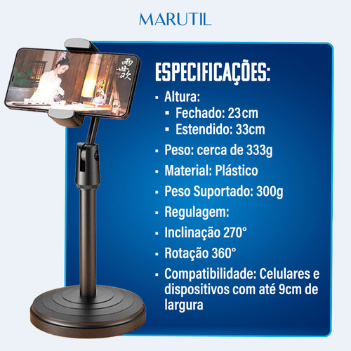Suporte Tripé Ajustável Celular Câmera Mesa Regulagem 360° Para Selfie Live Videochamada - Marca Marutil