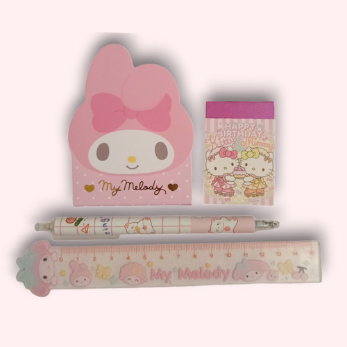 Kit Escolar Sanrio (lapiz Infinito, Regla, Post-it, Stikers)