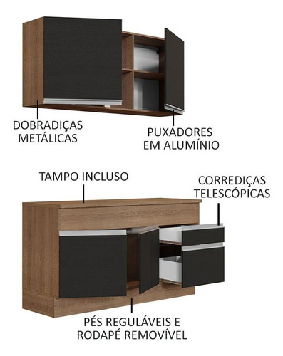 Cozinha Madesa Glamy 150001 Armário E Balcão (com Tampo) Rp Cor Rustic/Preto