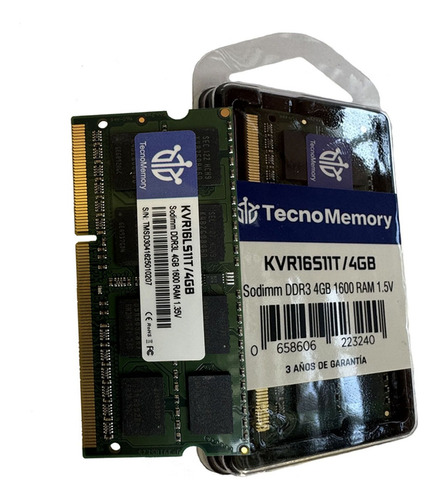 Memoria Ram Tecnomemory Sodimm Ddr3l 4gb 1600mhz Kvr16ls11t