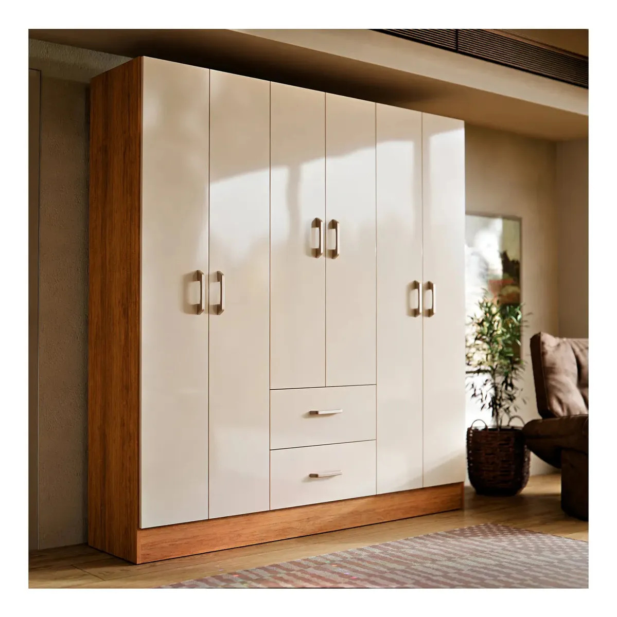 Cômoda Jamaica Para Quarto Grande Guarda Roupas Casal 6 Portas E 2 Gavetas Cor Cinamomo Off