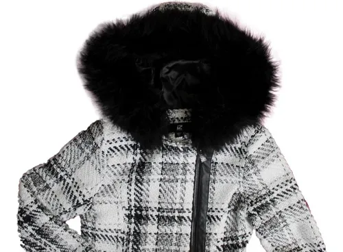 Abrigo Chaqueta Gaban Capota Peluche Cuadros Blanco Y Negro Faux Fur Mujer Talla Xs